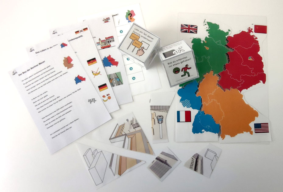 Inhalte des inklusiven Materialkoffers: Din A4 papiere, Karten und Puzzlestücke